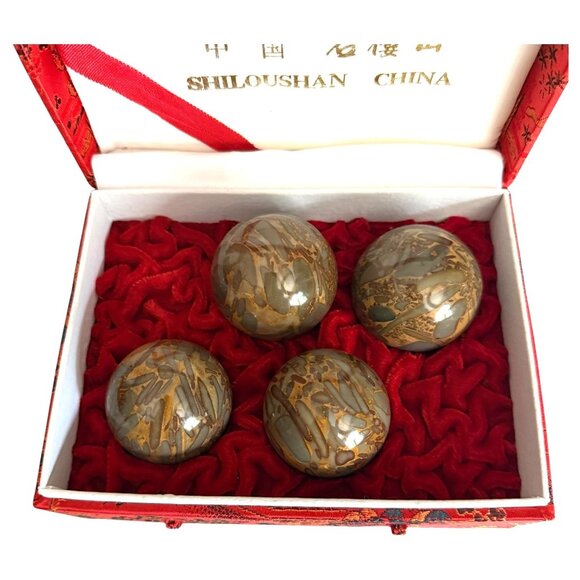 Shiloushan Baoding Balls 4 Piece Marble Stone Chinese Health Embroidered Red Box - Picture 2 of 11